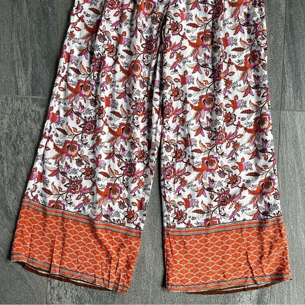 NWT Wide-Leg Pull-on Elastic Waist Flowy Boho Pants Pockets Orange Pink Floral S - Picture 6 of 16